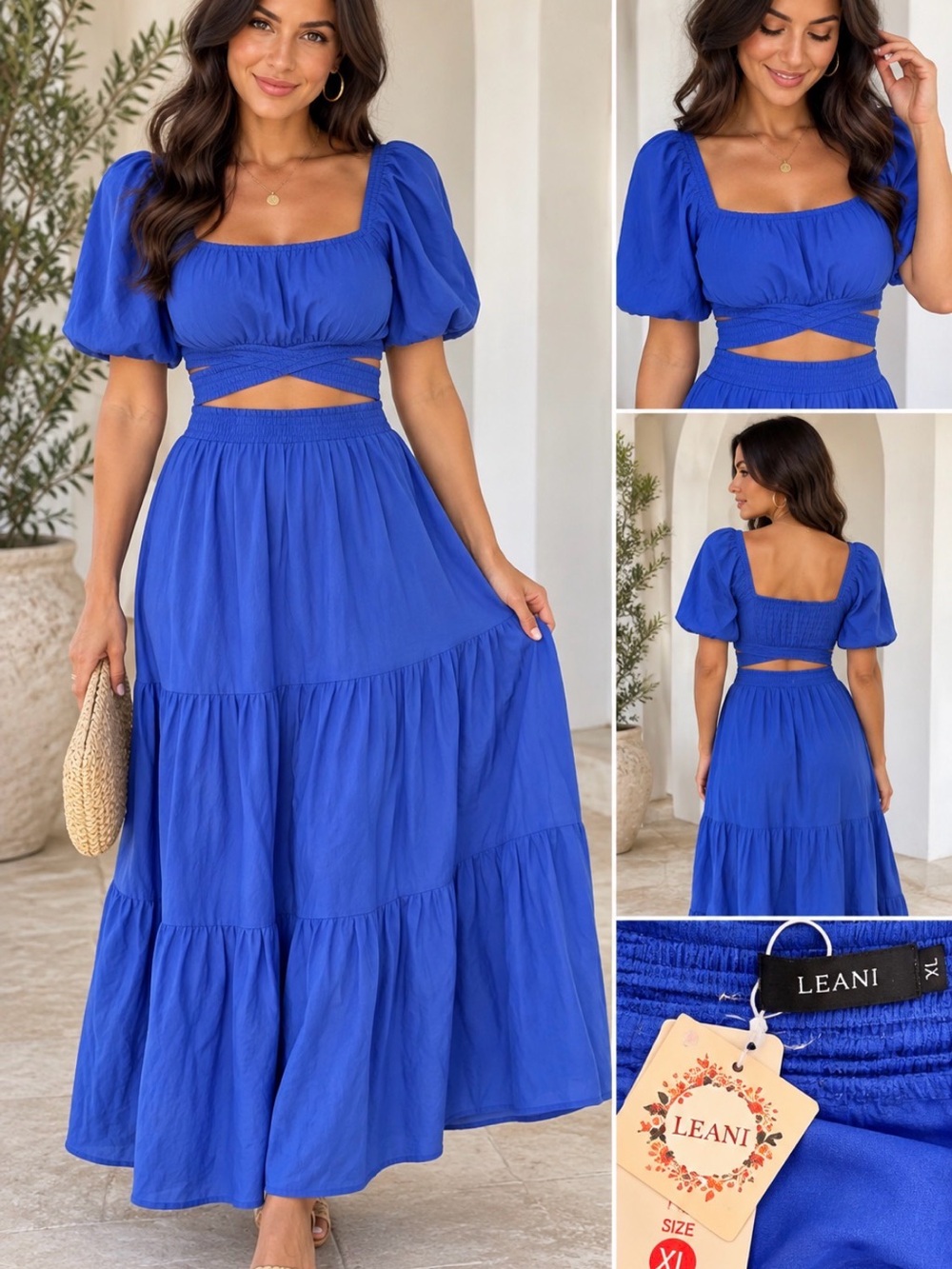LEANI Women’s XL Royal Blue 2-Piece Crop Top & Tiered Maxi Skirt Set NWT